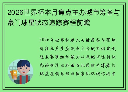 2026世界杯本月焦点主办城市筹备与豪门球星状态追踪赛程前瞻