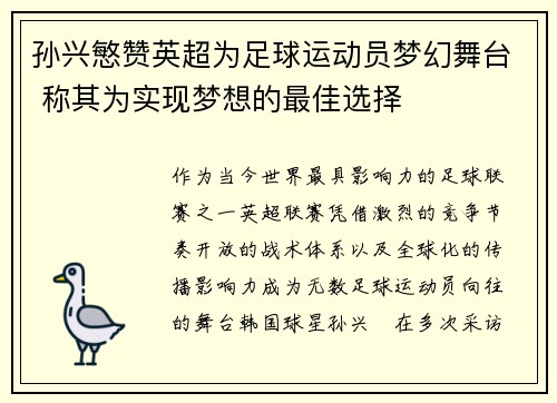 孙兴慜赞英超为足球运动员梦幻舞台 称其为实现梦想的最佳选择 孙兴慜赞英超为足球运动员梦幻舞台 称其为实现梦想的最佳选择