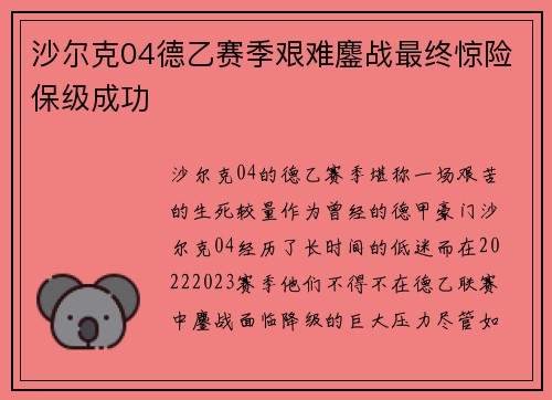 沙尔克04德乙赛季艰难鏖战最终惊险保级成功